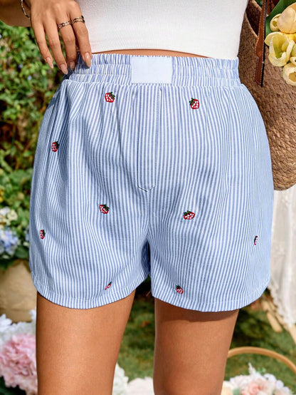 Maternity Striped Strawberry Embroidery Shorts Blue and White Ultra High Elastic Waist Loose Fit Wide Leg Summer Vacation Casual Shorts