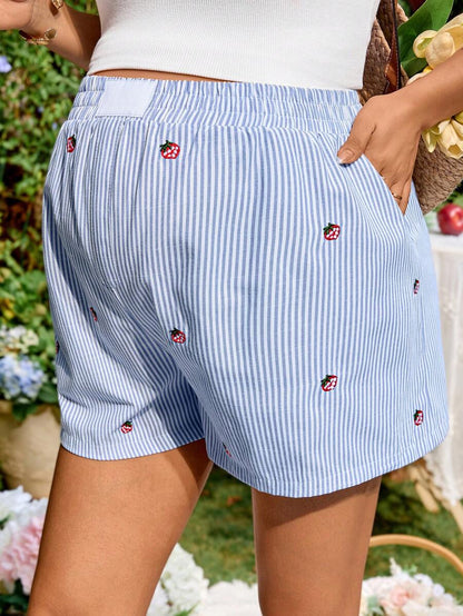Maternity Striped Strawberry Embroidery Shorts Blue and White Ultra High Elastic Waist Loose Fit Wide Leg Summer Vacation Casual Shorts