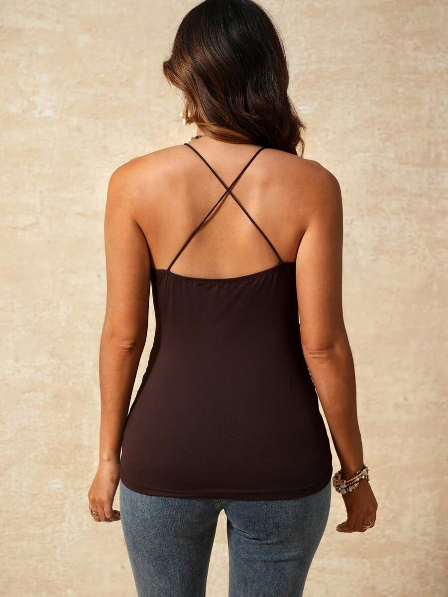 Bohemian Coffee Brown Maternity Cami Dress - Slim Fit Beaded V-Neck Knit Sundress for Vacation & Night Out