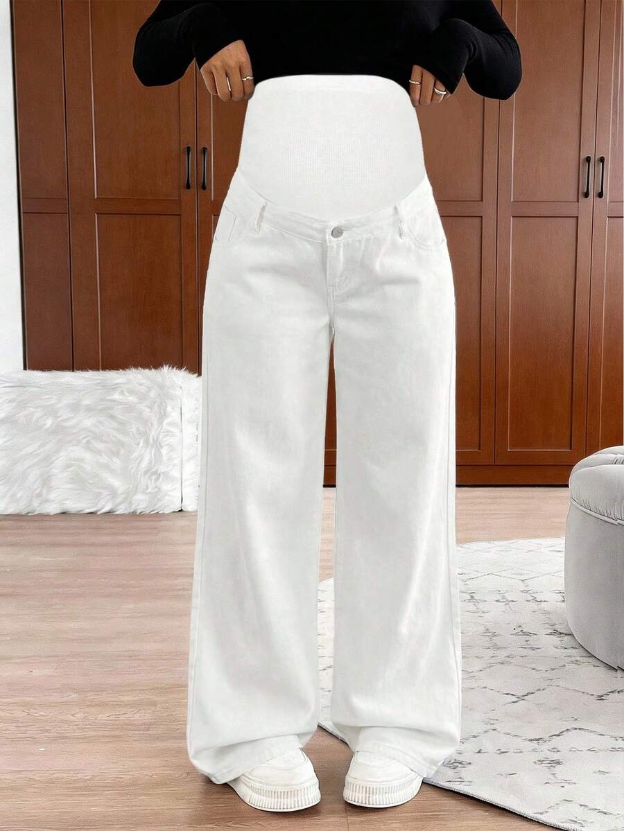 Maternity High Waist Washed Wide Leg Denim Jeans – Blue Patchwork Loose Fit Y2K Streetwear Pants for Daily Commute & Casual Chic