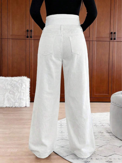 Maternity High Waist Washed Wide Leg Denim Jeans – Blue Patchwork Loose Fit Y2K Streetwear Pants for Daily Commute & Casual Chic