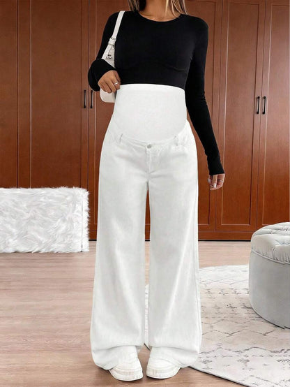 Maternity High Waist Washed Wide Leg Denim Jeans – Blue Patchwork Loose Fit Y2K Streetwear Pants for Daily Commute & Casual Chic