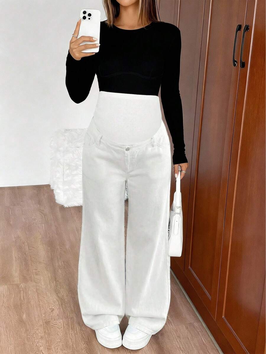 Maternity High Waist Washed Wide Leg Denim Jeans – Blue Patchwork Loose Fit Y2K Streetwear Pants for Daily Commute & Casual Chic