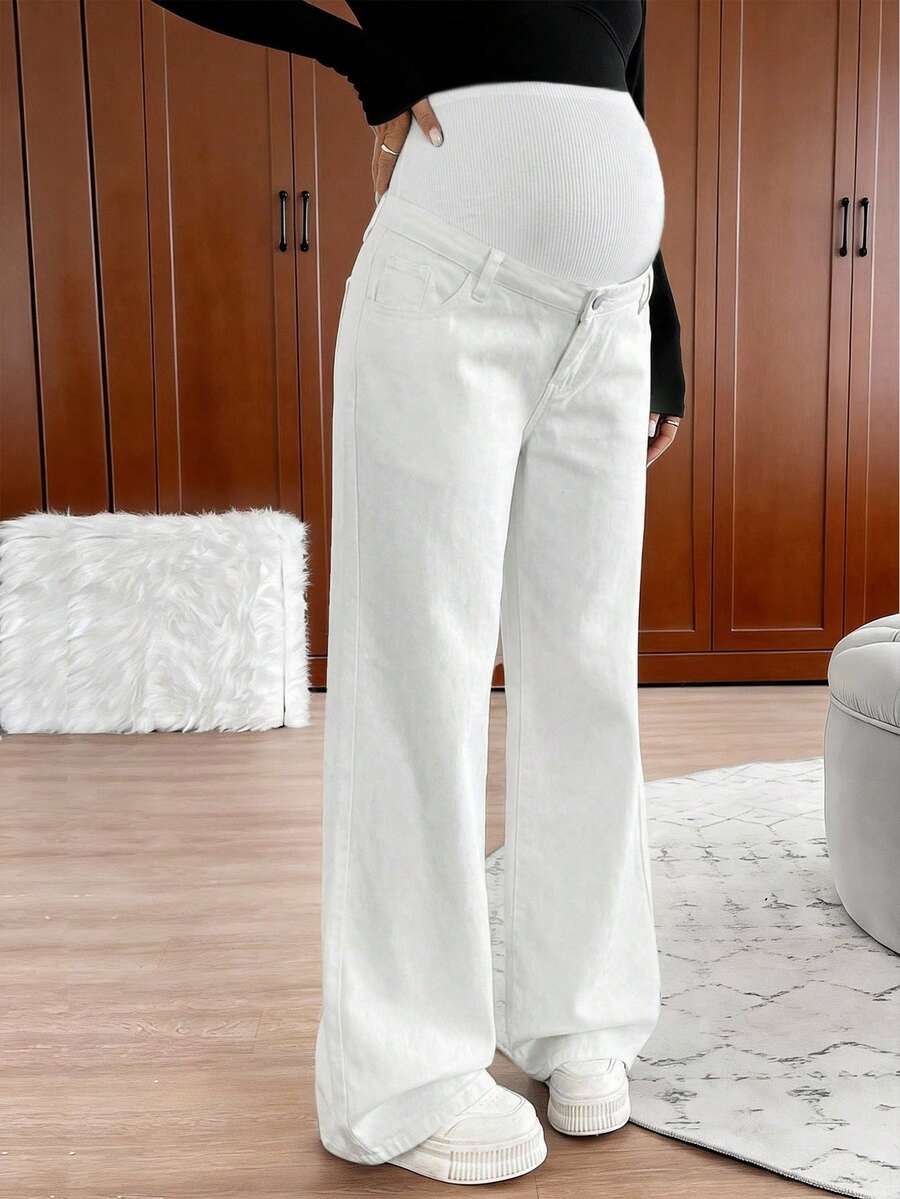 Maternity High Waist Washed Wide Leg Denim Jeans – Blue Patchwork Loose Fit Y2K Streetwear Pants for Daily Commute & Casual Chic