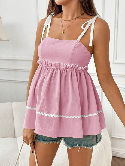 Maternity Spaghetti Strap Peplum Cami Top White Knot Front Flared Crop Tank Slim Fit Woven Maternity Summer Outfit