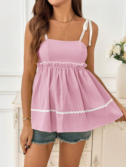 Maternity Spaghetti Strap Peplum Cami Top White Knot Front Flared Crop Tank Slim Fit Woven Maternity Summer Outfit