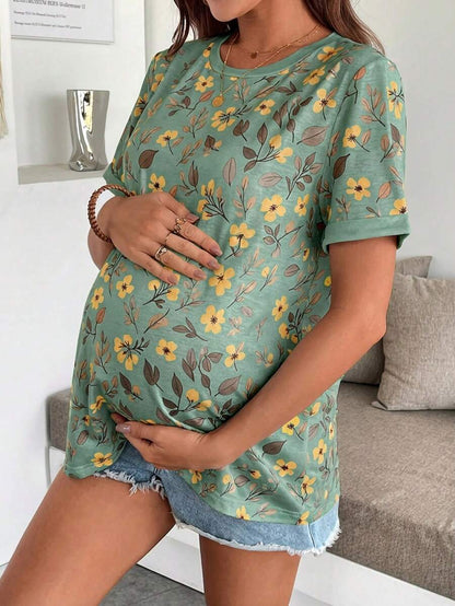 Maternity Floral Print Round Neck Casual Short Sleeve T-Shirt