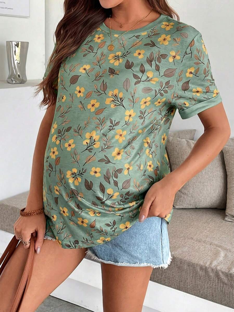 Maternity Floral Print Round Neck Casual Short Sleeve T-Shirt