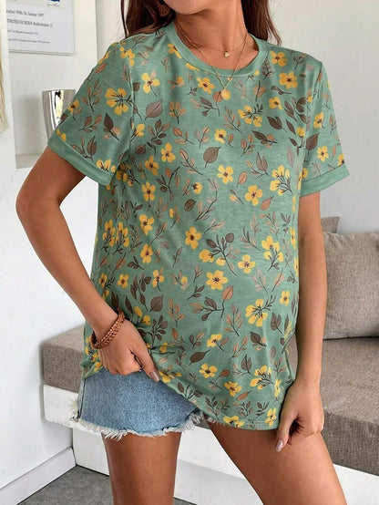 Maternity Floral Print Round Neck Casual Short Sleeve T-Shirt