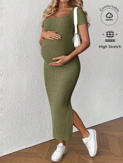 Maternity Square Neck Short Sleeve Midi Bodycon Dress with Side Slit - Sage Green Fitted Pregnancy Outfit - Soft Knit Maternity Wear