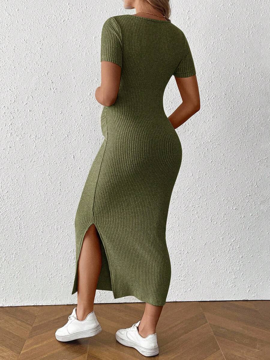 Maternity Square Neck Short Sleeve Midi Bodycon Dress with Side Slit - Sage Green Fitted Pregnancy Outfit - Soft Knit Maternity Wear