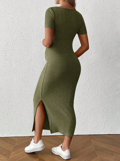 Maternity Square Neck Short Sleeve Midi Bodycon Dress with Side Slit - Sage Green Fitted Pregnancy Outfit - Soft Knit Maternity Wear