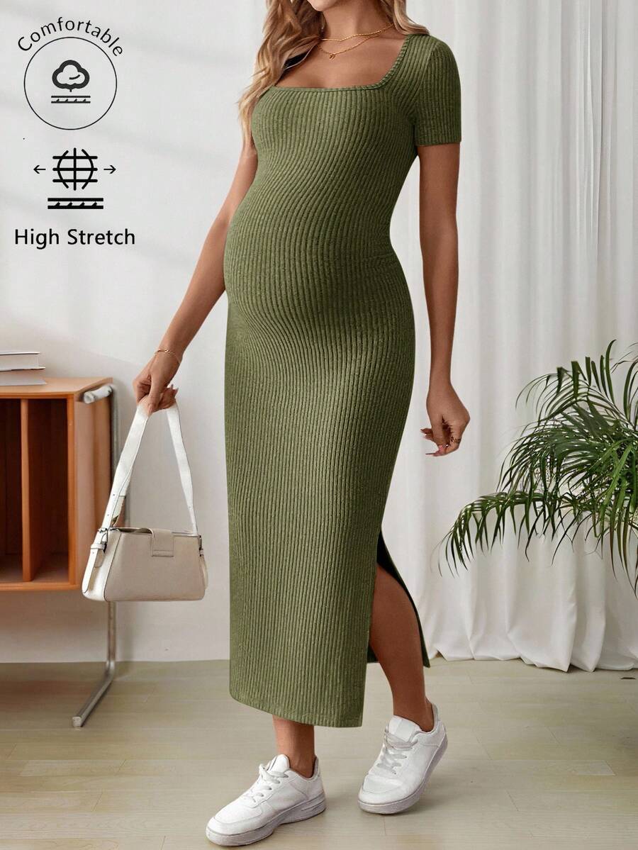 Maternity Square Neck Short Sleeve Midi Bodycon Dress with Side Slit - Sage Green Fitted Pregnancy Outfit - Soft Knit Maternity Wear