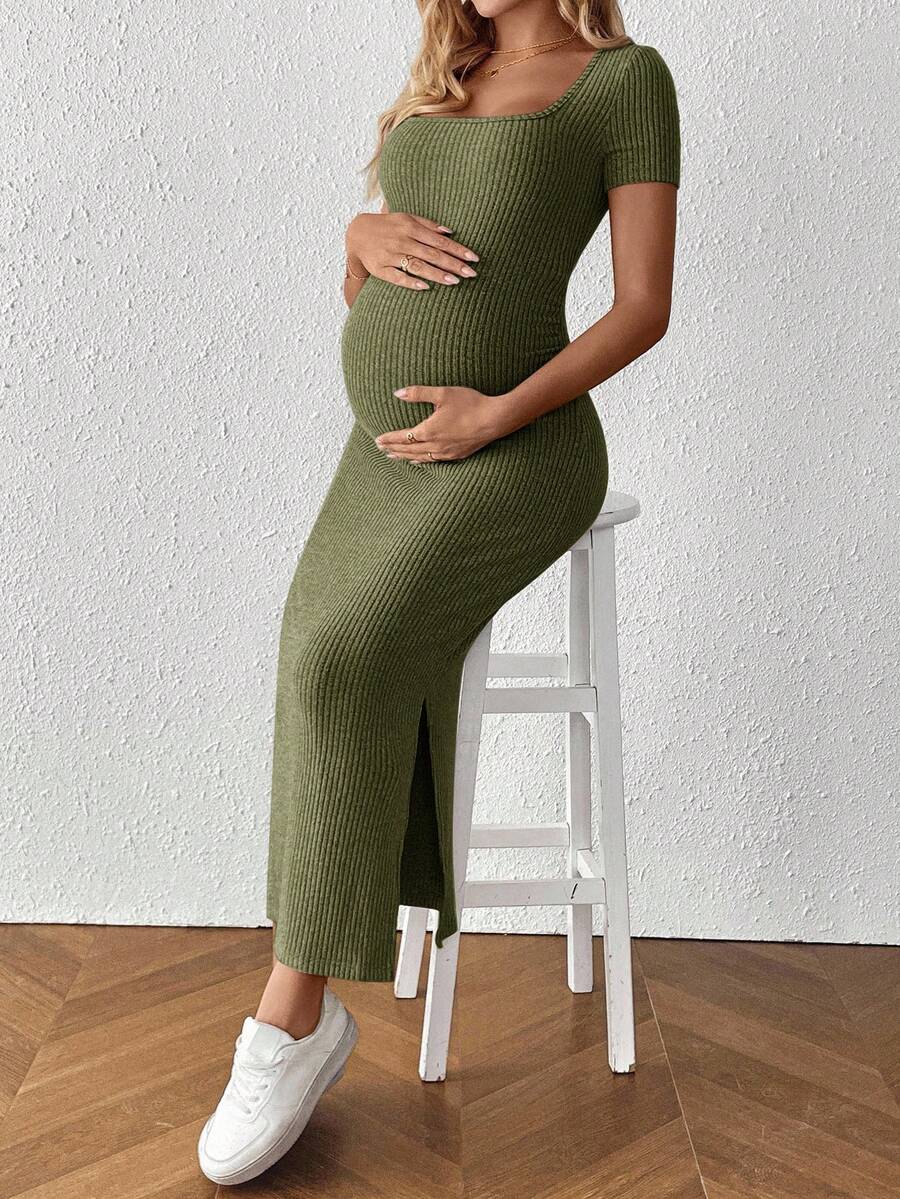 Maternity Square Neck Short Sleeve Midi Bodycon Dress with Side Slit - Sage Green Fitted Pregnancy Outfit - Soft Knit Maternity Wear