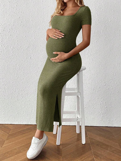 Maternity Square Neck Short Sleeve Midi Bodycon Dress with Side Slit - Sage Green Fitted Pregnancy Outfit - Soft Knit Maternity Wear