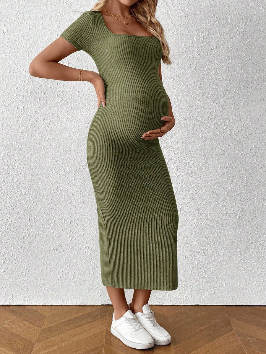 Maternity Square Neck Short Sleeve Midi Bodycon Dress with Side Slit - Sage Green Fitted Pregnancy Outfit - Soft Knit Maternity Wear