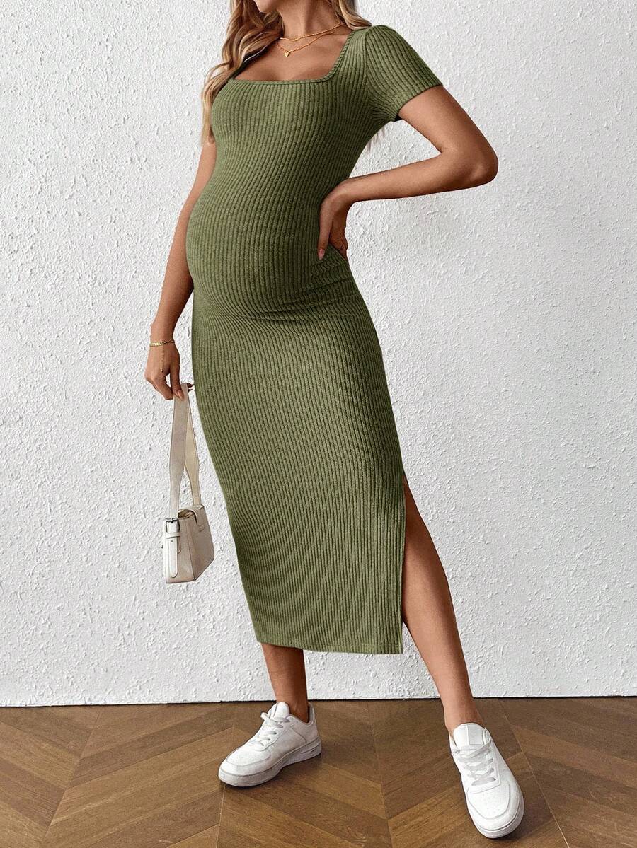Maternity Square Neck Short Sleeve Midi Bodycon Dress with Side Slit - Sage Green Fitted Pregnancy Outfit - Soft Knit Maternity Wear