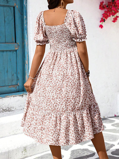 Maternity Floral Square Neck Puff Sleeve Midi Dress - Boho Tie Front High Waist Slim Fit A-Line Vacation Sun Dress