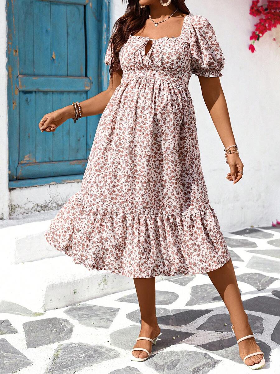 Maternity Floral Square Neck Puff Sleeve Midi Dress - Boho Tie Front High Waist Slim Fit A-Line Vacation Sun Dress