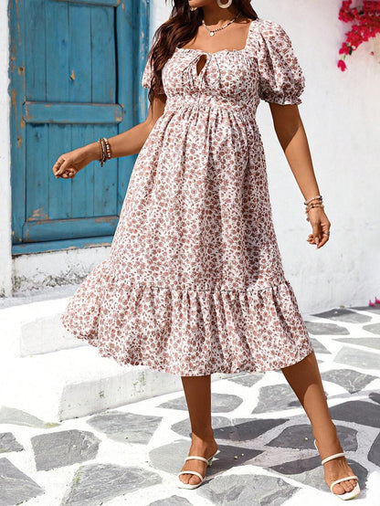 Maternity Floral Square Neck Puff Sleeve Midi Dress - Boho Tie Front High Waist Slim Fit A-Line Vacation Sun Dress