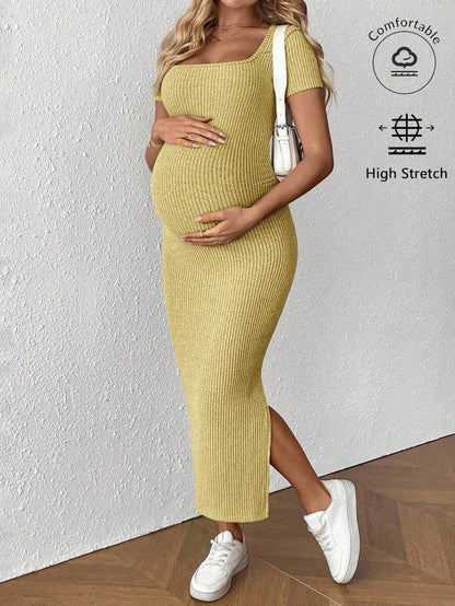 Maternity Square Neck Short Sleeve Midi Bodycon Dress with Side Slit - Sage Green Fitted Pregnancy Outfit - Soft Knit Maternity Wear
