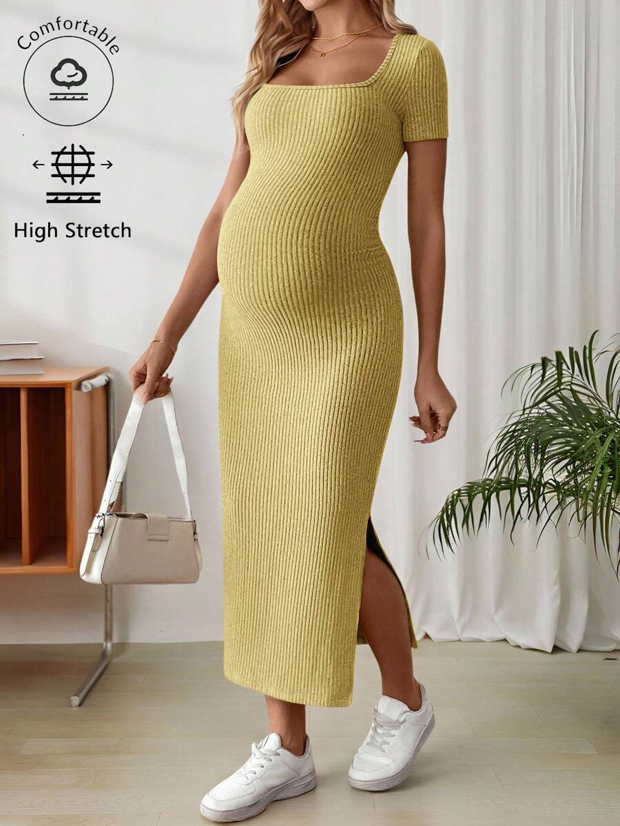 Maternity Square Neck Short Sleeve Midi Bodycon Dress with Side Slit - Sage Green Fitted Pregnancy Outfit - Soft Knit Maternity Wear