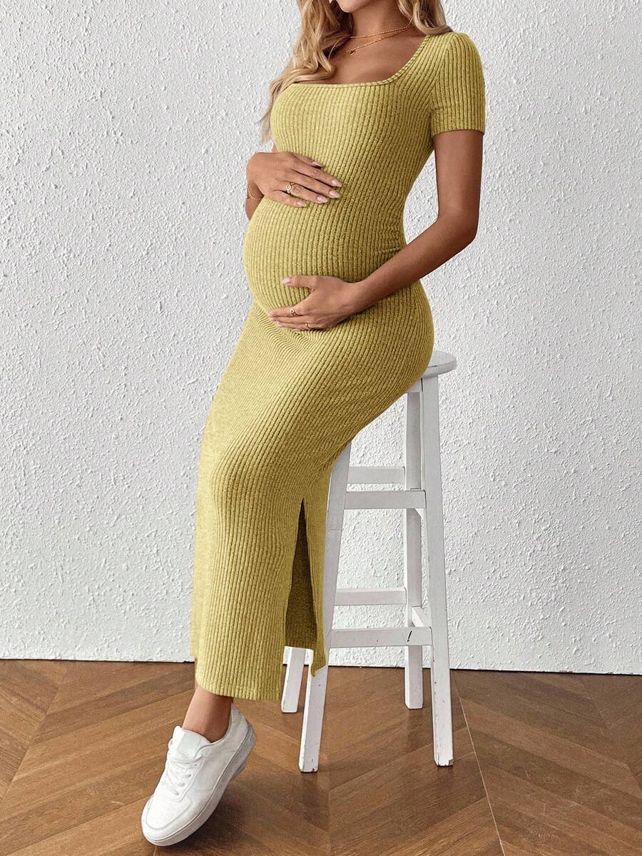 Maternity Square Neck Short Sleeve Midi Bodycon Dress with Side Slit - Sage Green Fitted Pregnancy Outfit - Soft Knit Maternity Wear