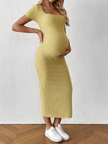 Maternity Square Neck Short Sleeve Midi Bodycon Dress with Side Slit - Sage Green Fitted Pregnancy Outfit - Soft Knit Maternity Wear