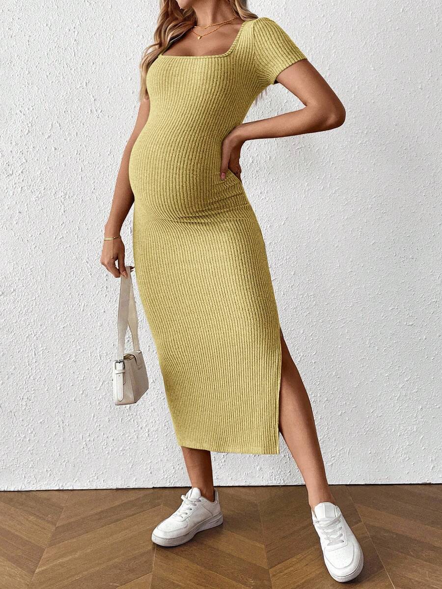 Maternity Square Neck Short Sleeve Midi Bodycon Dress with Side Slit - Sage Green Fitted Pregnancy Outfit - Soft Knit Maternity Wear