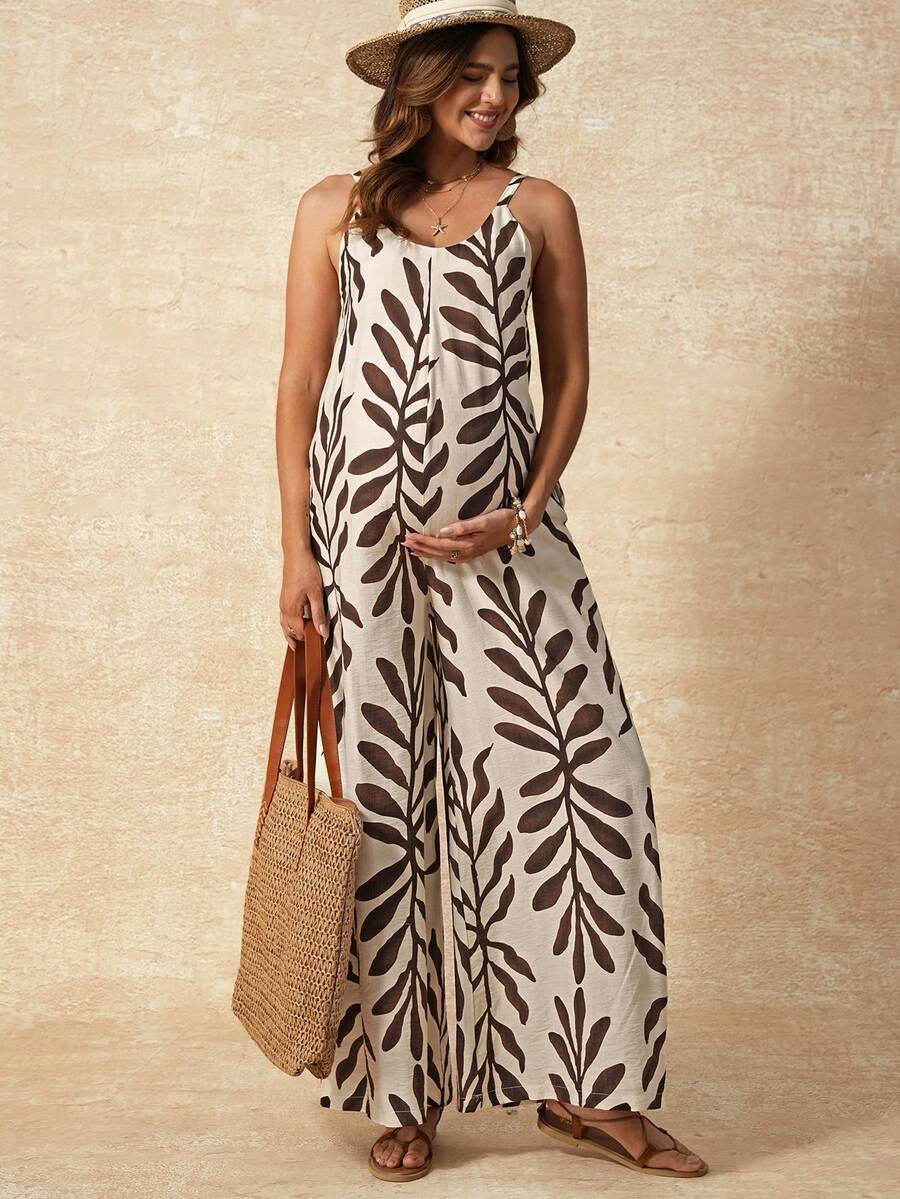 Maternity Jumpsuit - Tropical Print Square Neck Sleeveless, Apricot