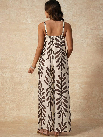 Maternity Jumpsuit - Tropical Print Square Neck Sleeveless, Apricot