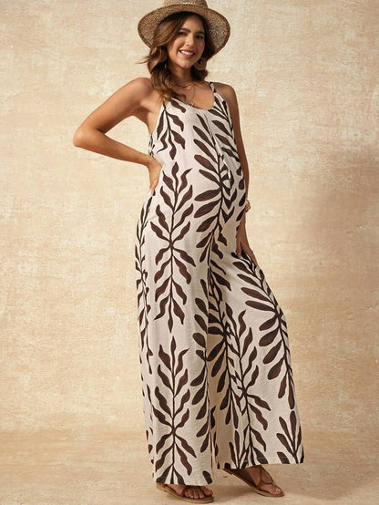 Maternity Jumpsuit - Tropical Print Square Neck Sleeveless, Apricot