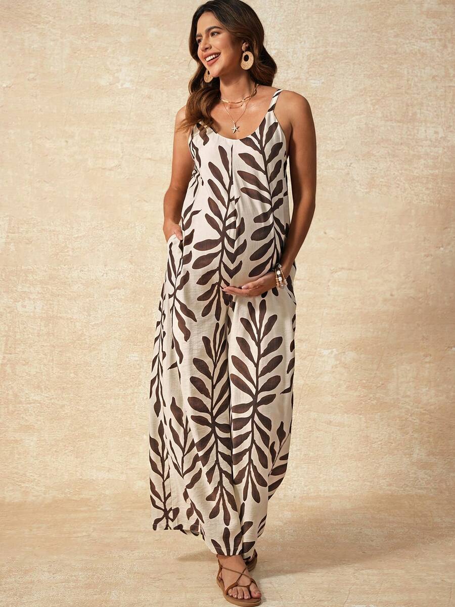 Maternity Jumpsuit - Tropical Print Square Neck Sleeveless, Apricot