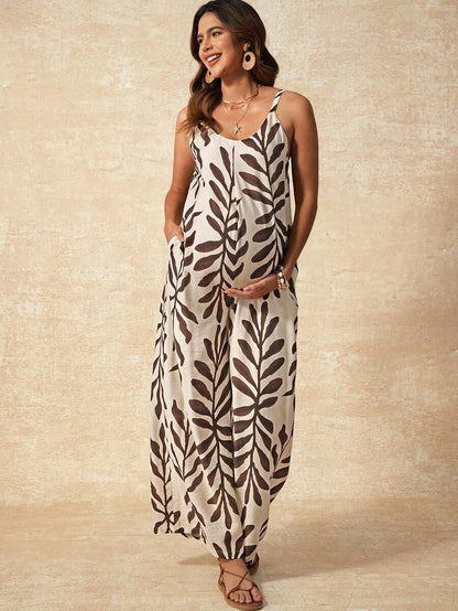 Maternity Jumpsuit - Tropical Print Square Neck Sleeveless, Apricot
