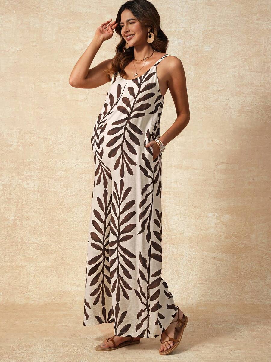 Maternity Jumpsuit - Tropical Print Square Neck Sleeveless, Apricot