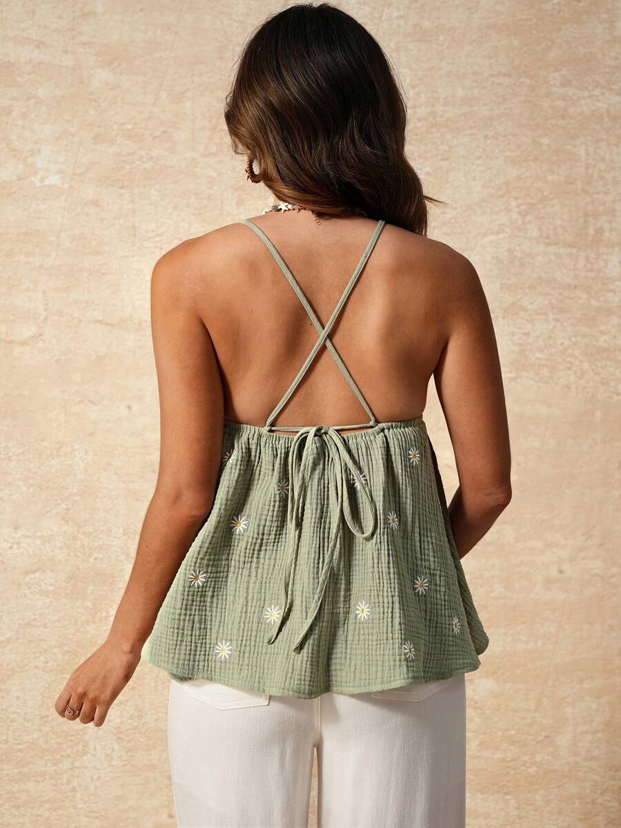 Apricot Boho Maternity Cami - Textured Floral Embroidery Spaghetti Strap Vacation Top with Backless Detail