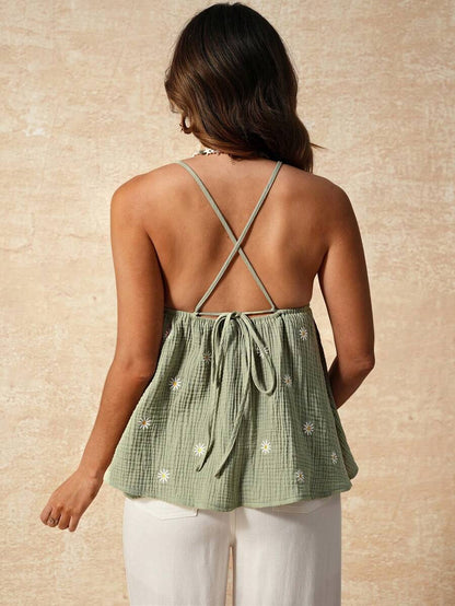 Apricot Boho Maternity Cami - Textured Floral Embroidery Spaghetti Strap Vacation Top with Backless Detail