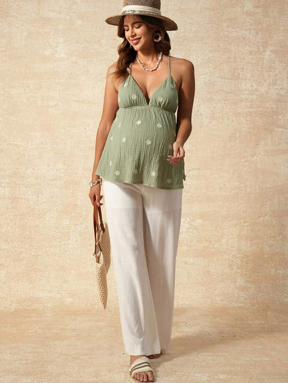 Apricot Boho Maternity Cami - Textured Floral Embroidery Spaghetti Strap Vacation Top with Backless Detail