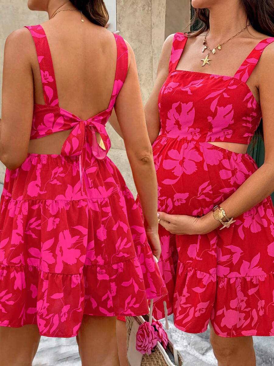 Red Floral Cutout Waist Maternity Cami Dress - Boho Ruffle Hem High Waist Summer Vacation Beach Dress - Square Neck Ruched Pregnancy Dress