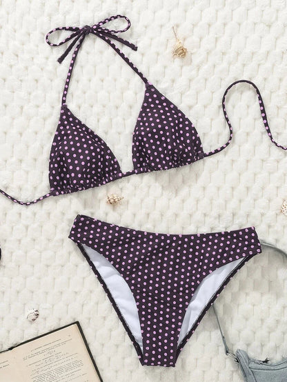 Swim Vcay Women's Summer New Contrast Color Striped Sexy Halter Triangle Cup Bikini Set