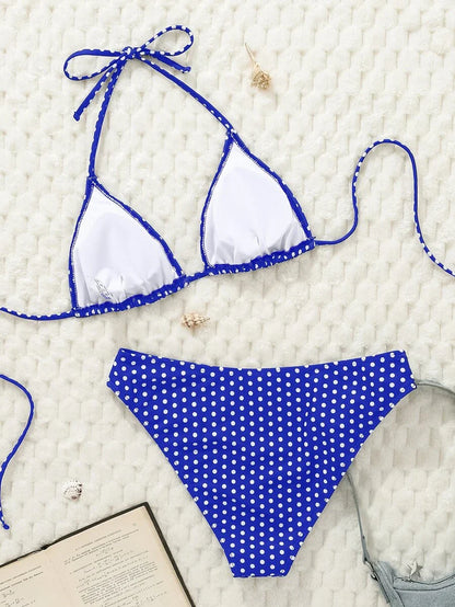 Swim Mod Women's Pink Polka Dot Print Halter Neck Low Waist Triangle Bikini Set, Summer Sexy Spring