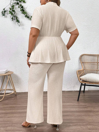 Plus Size Maternity 2-Piece Set - V Neck Overlap Top & Wide Leg Pants, Ruched, Apricot