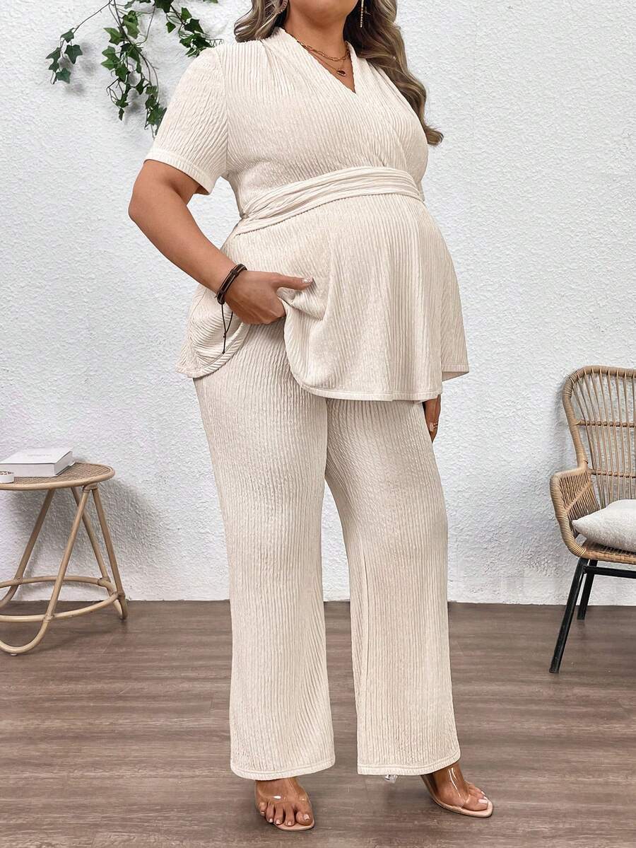 Plus Size Maternity 2-Piece Set - V Neck Overlap Top & Wide Leg Pants, Ruched, Apricot