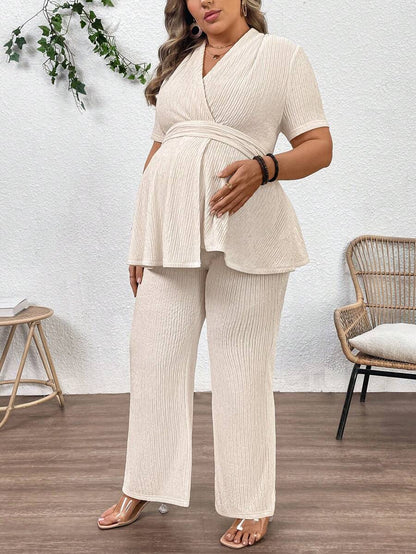 Plus Size Maternity 2-Piece Set - V Neck Overlap Top & Wide Leg Pants, Ruched, Apricot