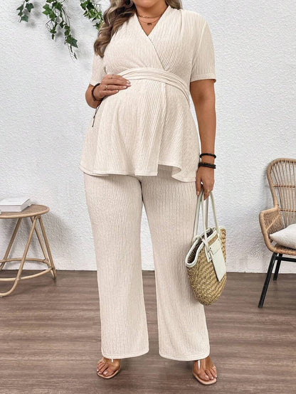 Plus Size Maternity 2-Piece Set - V Neck Overlap Top & Wide Leg Pants, Ruched, Apricot