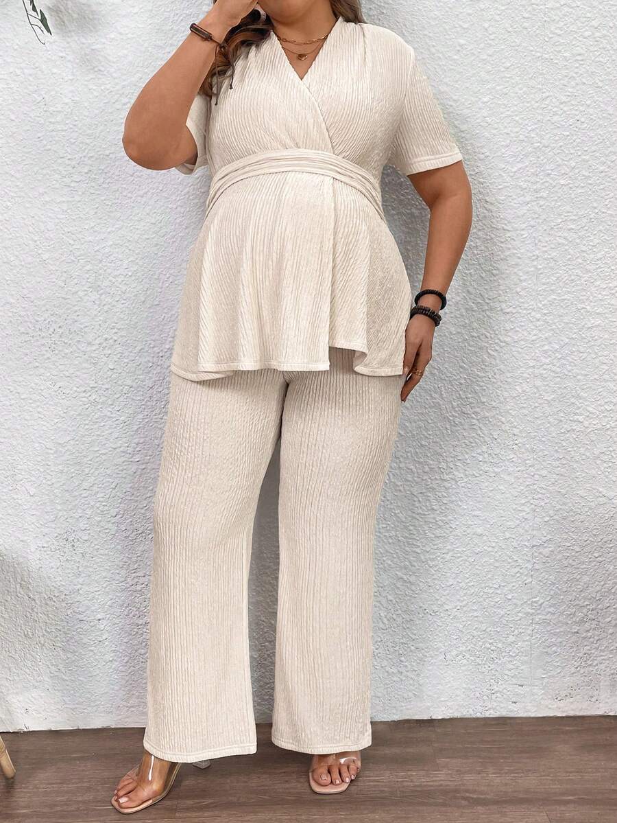 Plus Size Maternity 2-Piece Set - V Neck Overlap Top & Wide Leg Pants, Ruched, Apricot