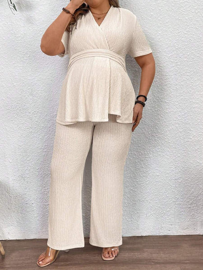Plus Size Maternity 2-Piece Set - V Neck Overlap Top & Wide Leg Pants, Ruched, Apricot