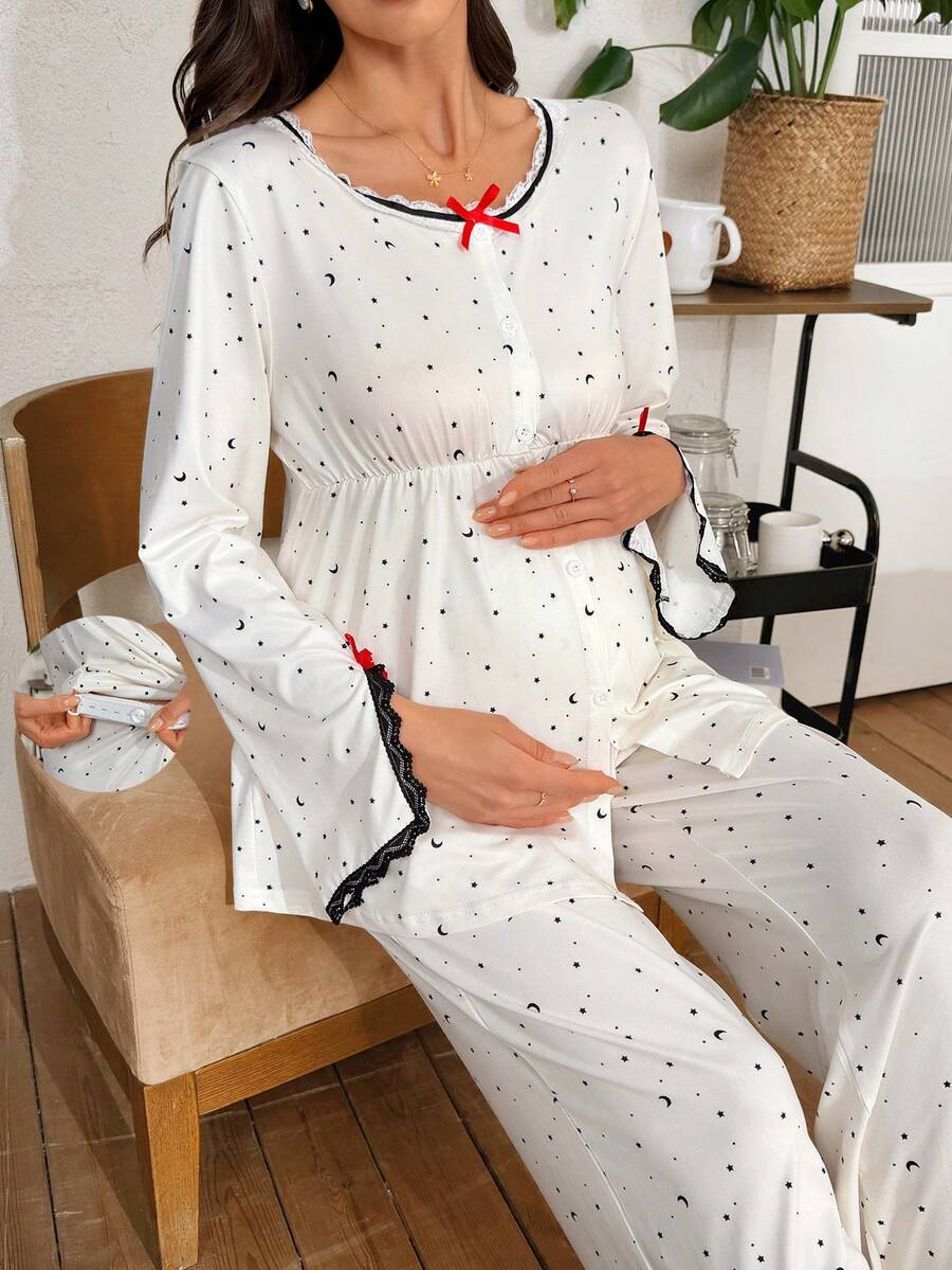 Maternity Sleepwear Set 2 Pack - Lace Patchwork Star Moon Print Top and Pants, Nursing Pajamas