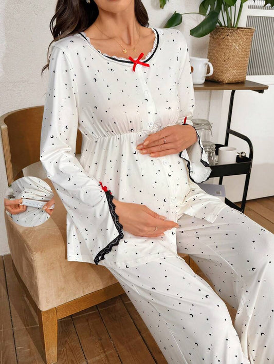 Maternity Sleepwear Set 2 Pack - Lace Patchwork Star Moon Print Top and Pants, Nursing Pajamas