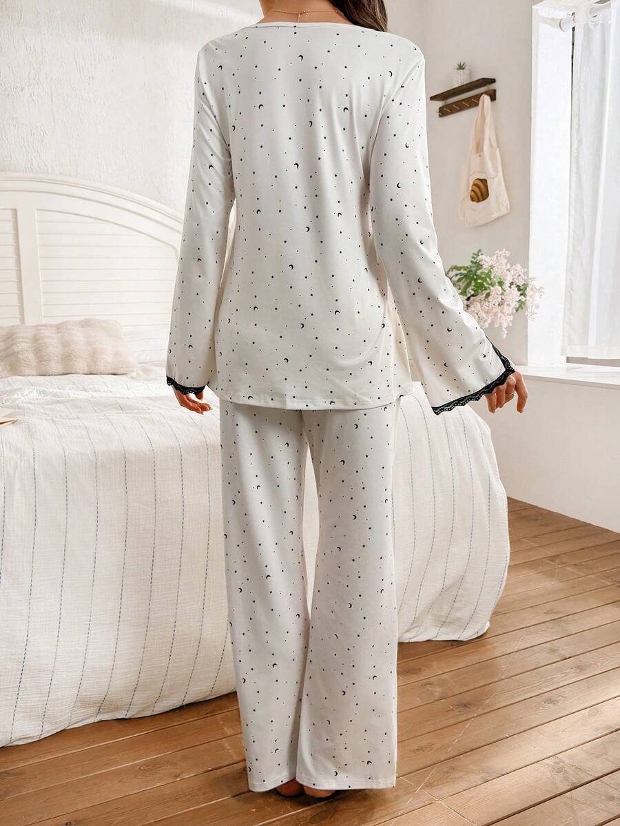 Maternity Sleepwear Set 2 Pack - Lace Patchwork Star Moon Print Top and Pants, Nursing Pajamas